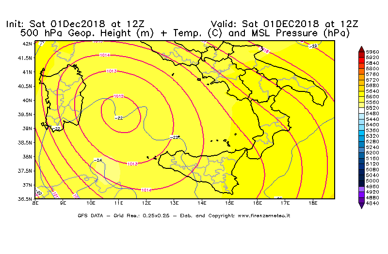 Mappa di analisi GFS - Geopotenziale [m] + Temp. [°C] a 500 hPa + Press. a livello del mare [hPa] in Sud-Italia
									del 01/12/2018 12 <!--googleoff: index-->UTC<!--googleon: index-->