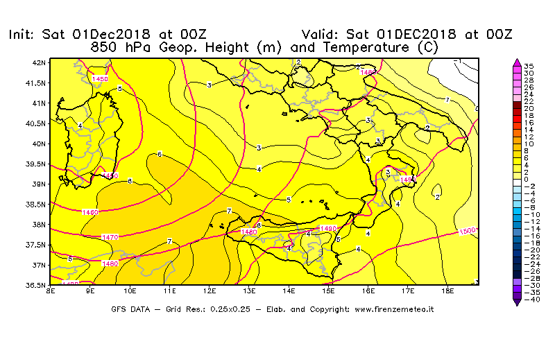 Mappa di analisi GFS - Geopotenziale [m] e Temperatura [°C] a 850 hPa in Sud-Italia
							del 01/12/2018 00 <!--googleoff: index-->UTC<!--googleon: index-->