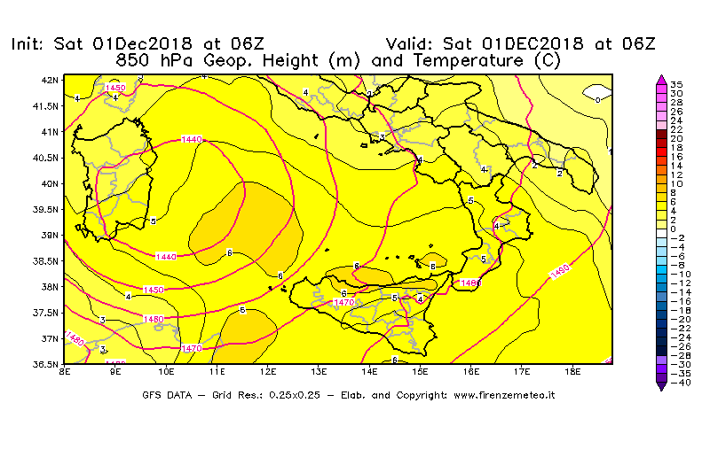 Mappa di analisi GFS - Geopotenziale [m] e Temperatura [°C] a 850 hPa in Sud-Italia
							del 01/12/2018 06 <!--googleoff: index-->UTC<!--googleon: index-->