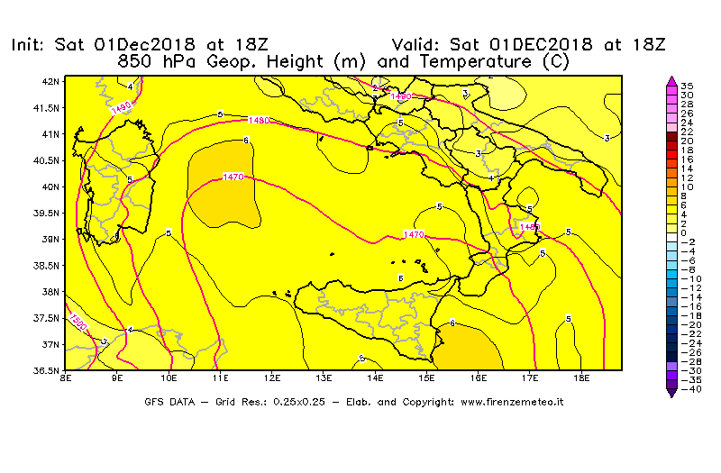 Mappa di analisi GFS - Geopotenziale [m] e Temperatura [°C] a 850 hPa in Sud-Italia
							del 01/12/2018 18 <!--googleoff: index-->UTC<!--googleon: index-->