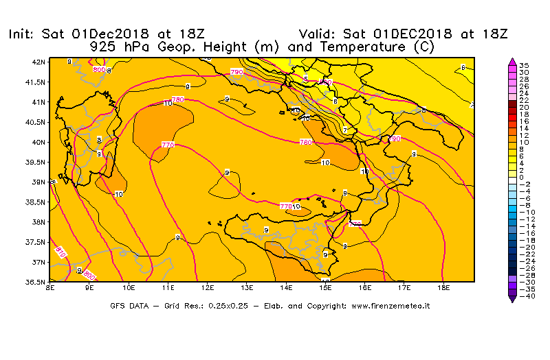 Mappa di analisi GFS - Geopotenziale [m] e Temperatura [°C] a 925 hPa in Sud-Italia
									del 01/12/2018 18 <!--googleoff: index-->UTC<!--googleon: index-->