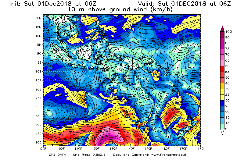 Mappa di analisi GFS - Velocità del vento a 10 metri dal suolo [km/h] in Oceania
							del 01/12/2018 06 <!--googleoff: index-->UTC<!--googleon: index-->