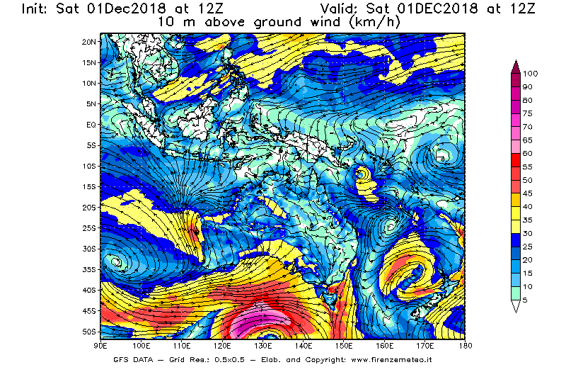 Mappa di analisi GFS - Velocità del vento a 10 metri dal suolo [km/h] in Oceania
							del 01/12/2018 12 <!--googleoff: index-->UTC<!--googleon: index-->