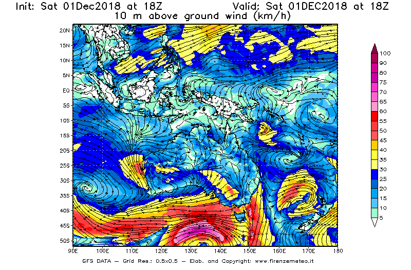 Mappa di analisi GFS - Velocità del vento a 10 metri dal suolo [km/h] in Oceania
							del 01/12/2018 18 <!--googleoff: index-->UTC<!--googleon: index-->