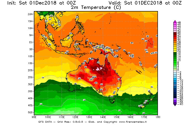 Mappa di analisi GFS - Temperatura a 2 metri dal suolo [°C] in Oceania
									del 01/12/2018 00 <!--googleoff: index-->UTC<!--googleon: index-->