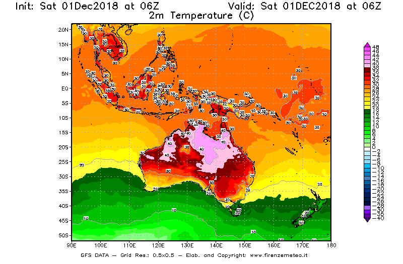 Mappa di analisi GFS - Temperatura a 2 metri dal suolo [°C] in Oceania
							del 01/12/2018 06 <!--googleoff: index-->UTC<!--googleon: index-->