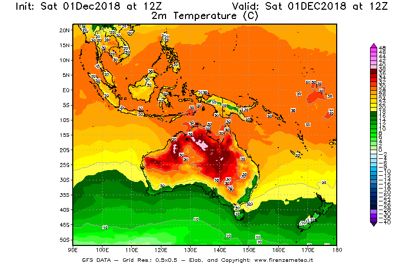 Mappa di analisi GFS - Temperatura a 2 metri dal suolo [°C] in Oceania
							del 01/12/2018 12 <!--googleoff: index-->UTC<!--googleon: index-->