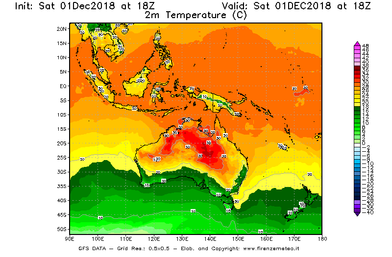 Mappa di analisi GFS - Temperatura a 2 metri dal suolo [°C] in Oceania
									del 01/12/2018 18 <!--googleoff: index-->UTC<!--googleon: index-->