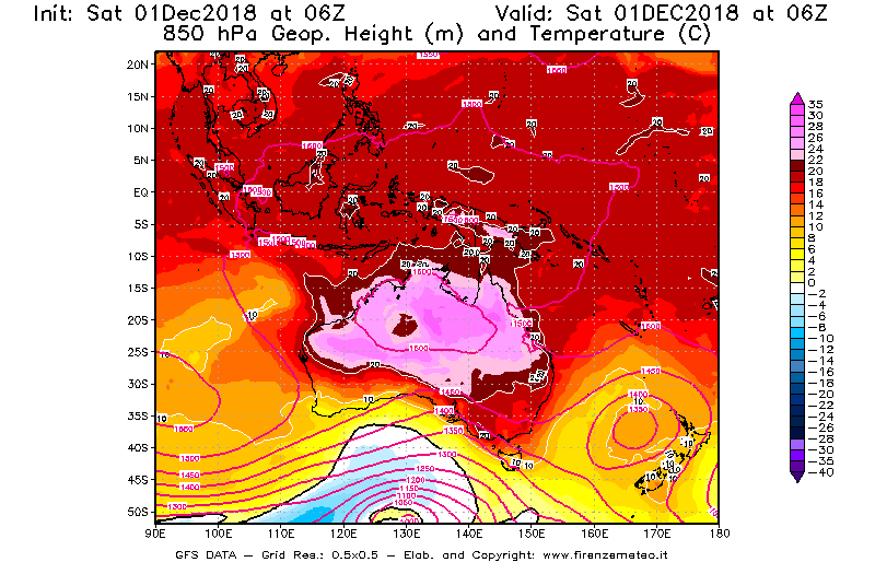 Mappa di analisi GFS - Geopotenziale [m] e Temperatura [°C] a 850 hPa in Oceania
									del 01/12/2018 06 <!--googleoff: index-->UTC<!--googleon: index-->
