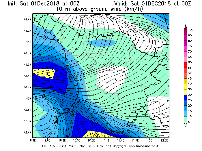 Mappa di analisi GFS - Velocità del vento a 10 metri dal suolo [km/h] in Toscana
									del 01/12/2018 00 <!--googleoff: index-->UTC<!--googleon: index-->