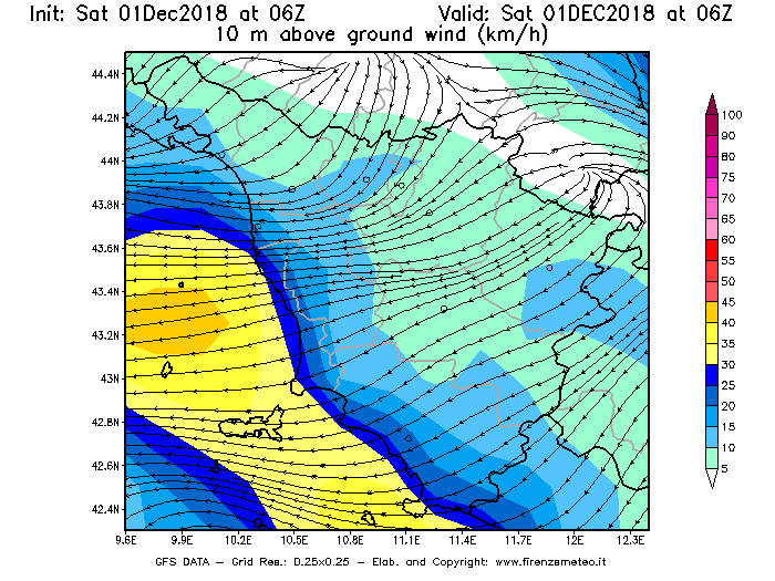 Mappa di analisi GFS - Velocità del vento a 10 metri dal suolo [km/h] in Toscana
									del 01/12/2018 06 <!--googleoff: index-->UTC<!--googleon: index-->