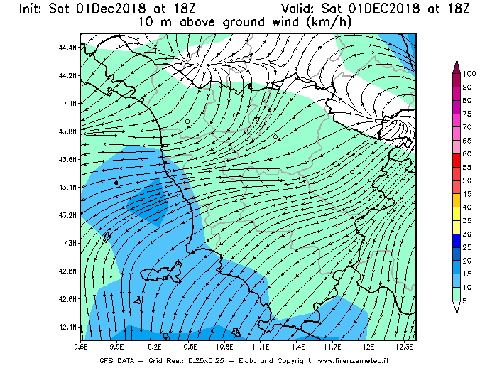Mappa di analisi GFS - Velocità del vento a 10 metri dal suolo [km/h] in Toscana
									del 01/12/2018 18 <!--googleoff: index-->UTC<!--googleon: index-->