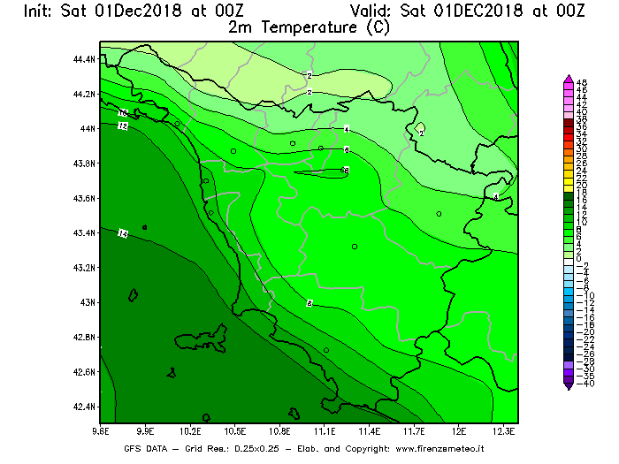 Mappa di analisi GFS - Temperatura a 2 metri dal suolo [°C] in Toscana
									del 01/12/2018 00 <!--googleoff: index-->UTC<!--googleon: index-->