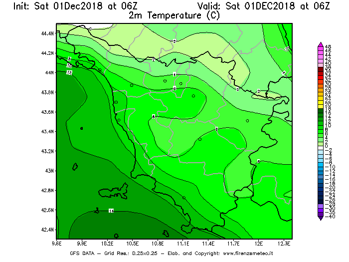 Mappa di analisi GFS - Temperatura a 2 metri dal suolo [°C] in Toscana
									del 01/12/2018 06 <!--googleoff: index-->UTC<!--googleon: index-->
