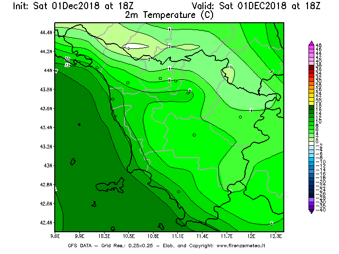 Mappa di analisi GFS - Temperatura a 2 metri dal suolo [°C] in Toscana
							del 01/12/2018 18 <!--googleoff: index-->UTC<!--googleon: index-->