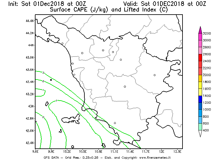 Mappa di analisi GFS - CAPE [J/kg] e Lifted Index [°C] in Toscana
							del 01/12/2018 00 <!--googleoff: index-->UTC<!--googleon: index-->