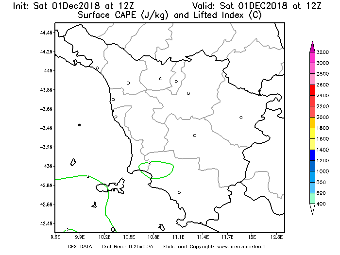 Mappa di analisi GFS - CAPE [J/kg] e Lifted Index [°C] in Toscana
									del 01/12/2018 12 <!--googleoff: index-->UTC<!--googleon: index-->