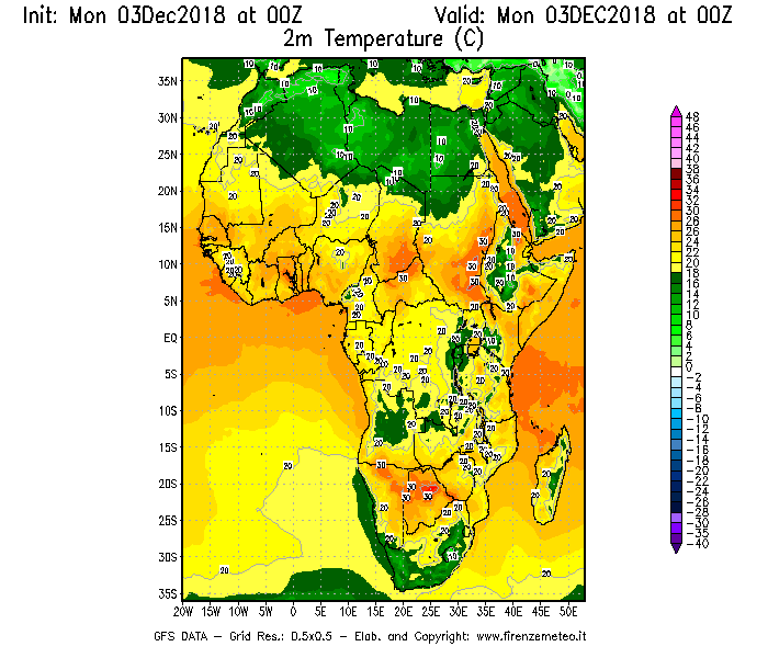 Mappa di analisi GFS - Temperatura a 2 metri dal suolo [°C] in Africa
							del 03/12/2018 00 <!--googleoff: index-->UTC<!--googleon: index-->
