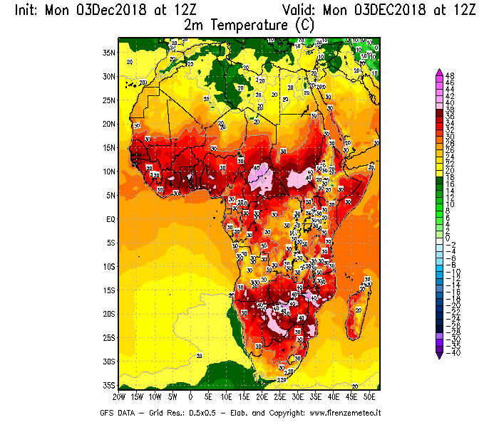 Mappa di analisi GFS - Temperatura a 2 metri dal suolo [°C] in Africa
							del 03/12/2018 12 <!--googleoff: index-->UTC<!--googleon: index-->