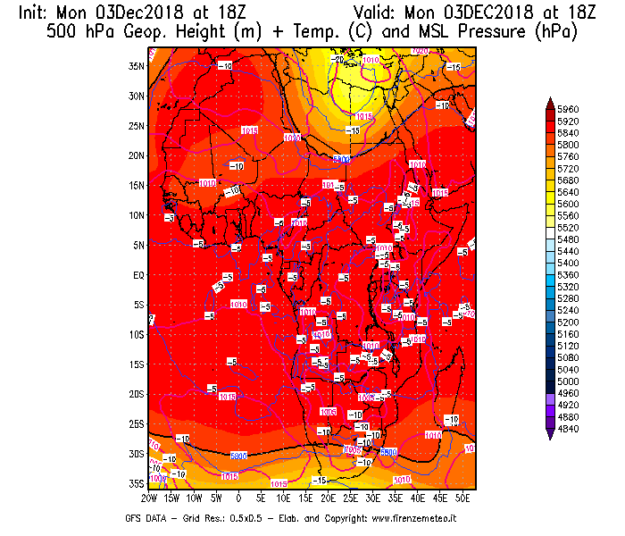 Mappa di analisi GFS - Geopotenziale [m] + Temp. [°C] a 500 hPa + Press. a livello del mare [hPa] in Africa
							del 03/12/2018 18 <!--googleoff: index-->UTC<!--googleon: index-->