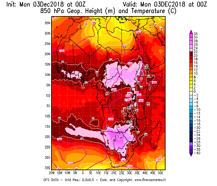Mappa di analisi GFS - Geopotenziale [m] e Temperatura [°C] a 850 hPa in Africa
							del 03/12/2018 00 <!--googleoff: index-->UTC<!--googleon: index-->