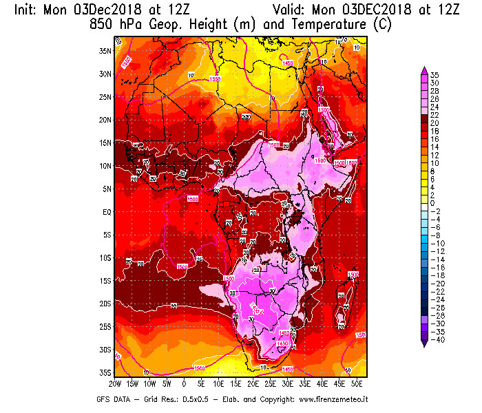 Mappa di analisi GFS - Geopotenziale [m] e Temperatura [°C] a 850 hPa in Africa
							del 03/12/2018 12 <!--googleoff: index-->UTC<!--googleon: index-->