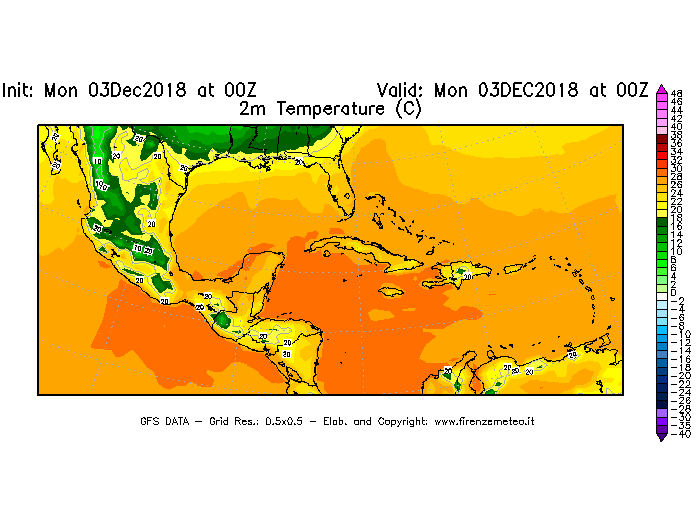 Mappa di analisi GFS - Temperatura a 2 metri dal suolo [°C] in Centro-America
							del 03/12/2018 00 <!--googleoff: index-->UTC<!--googleon: index-->