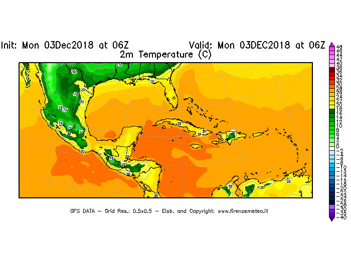 Mappa di analisi GFS - Temperatura a 2 metri dal suolo [°C] in Centro-America
							del 03/12/2018 06 <!--googleoff: index-->UTC<!--googleon: index-->