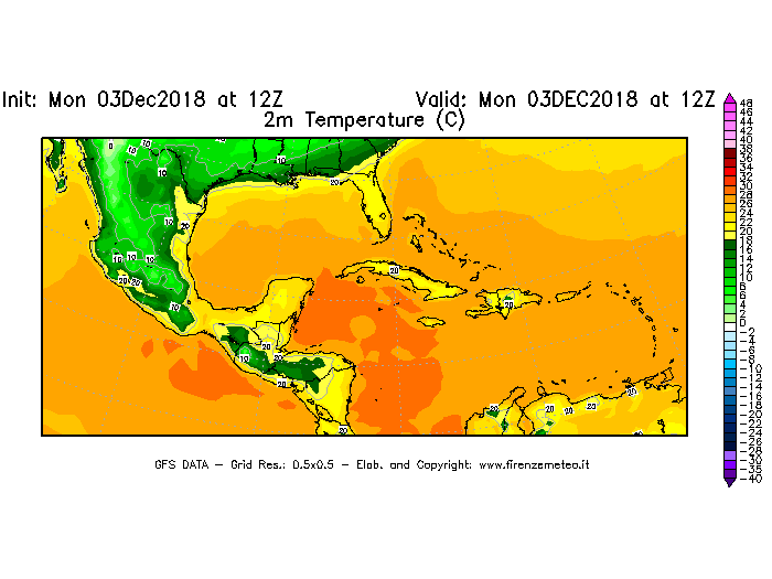 Mappa di analisi GFS - Temperatura a 2 metri dal suolo [°C] in Centro-America
							del 03/12/2018 12 <!--googleoff: index-->UTC<!--googleon: index-->