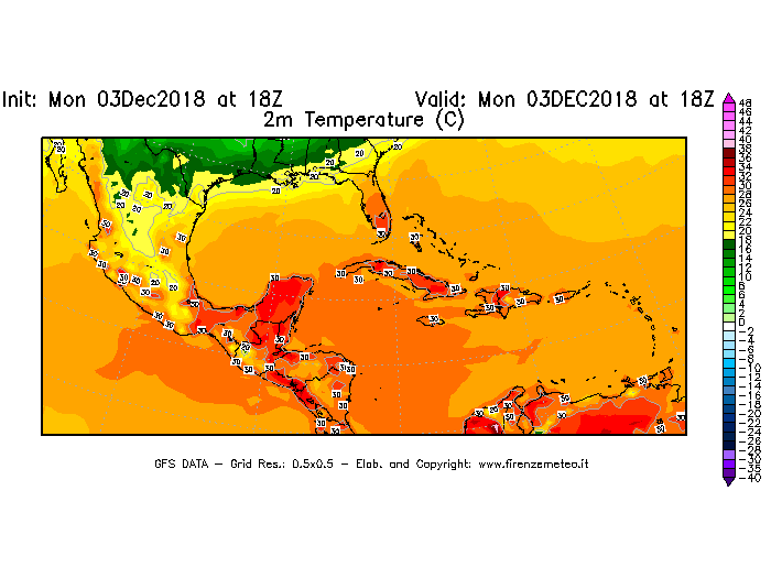 Mappa di analisi GFS - Temperatura a 2 metri dal suolo [°C] in Centro-America
							del 03/12/2018 18 <!--googleoff: index-->UTC<!--googleon: index-->