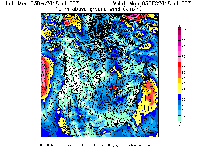 Mappa di analisi GFS - Velocità del vento a 10 metri dal suolo [km/h] in Nord-America
							del 03/12/2018 00 <!--googleoff: index-->UTC<!--googleon: index-->