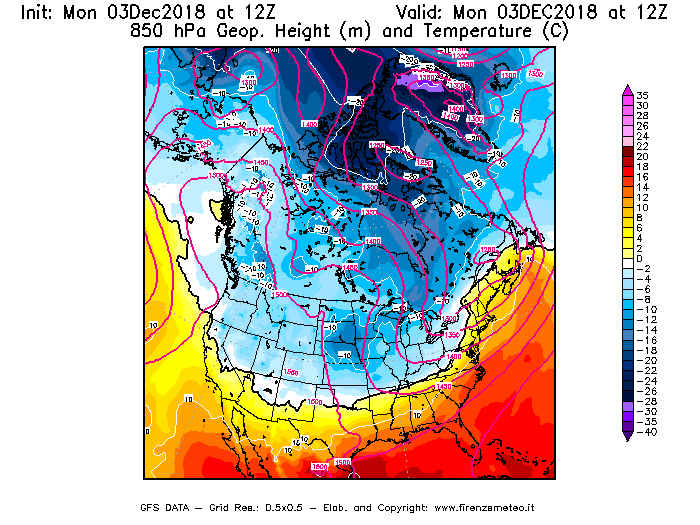 Mappa di analisi GFS - Geopotenziale [m] e Temperatura [°C] a 850 hPa in Nord-America
							del 03/12/2018 12 <!--googleoff: index-->UTC<!--googleon: index-->