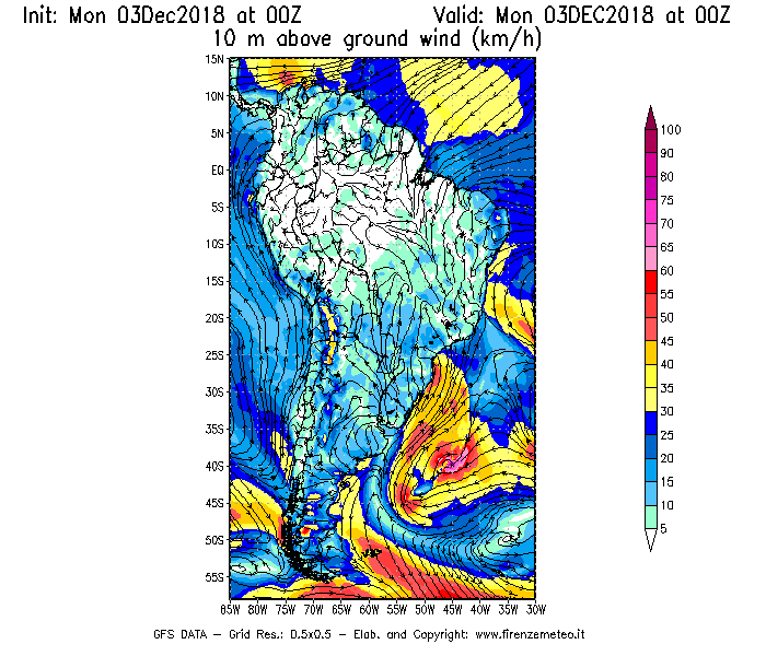 Mappa di analisi GFS - Velocità del vento a 10 metri dal suolo [km/h] in Sud-America
							del 03/12/2018 00 <!--googleoff: index-->UTC<!--googleon: index-->