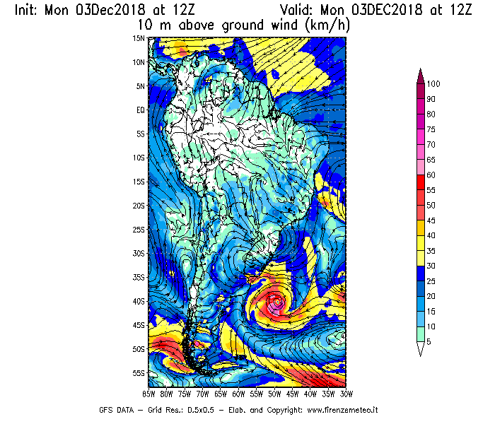 Mappa di analisi GFS - Velocità del vento a 10 metri dal suolo [km/h] in Sud-America
							del 03/12/2018 12 <!--googleoff: index-->UTC<!--googleon: index-->