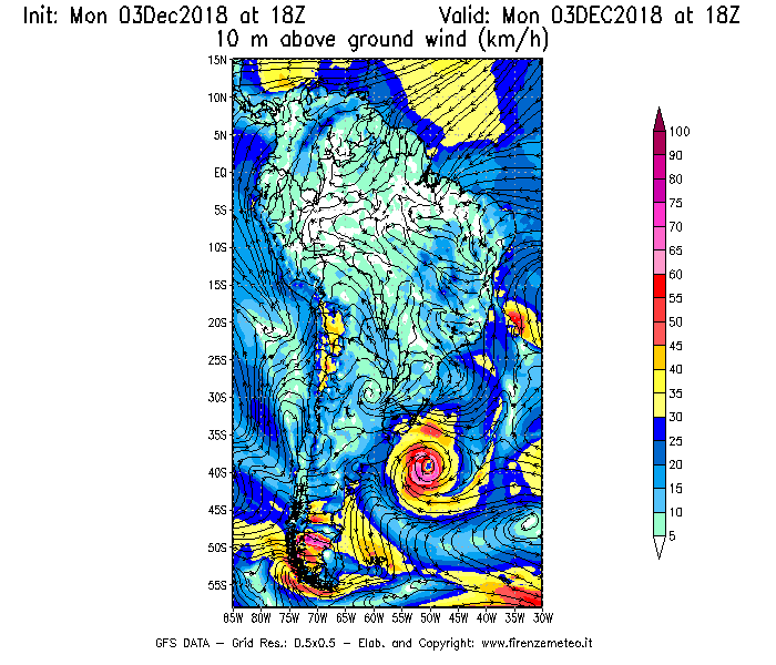 Mappa di analisi GFS - Velocità del vento a 10 metri dal suolo [km/h] in Sud-America
							del 03/12/2018 18 <!--googleoff: index-->UTC<!--googleon: index-->