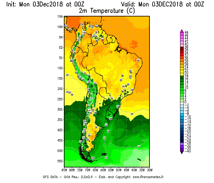 Mappa di analisi GFS - Temperatura a 2 metri dal suolo [°C] in Sud-America
							del 03/12/2018 00 <!--googleoff: index-->UTC<!--googleon: index-->