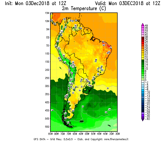 Mappa di analisi GFS - Temperatura a 2 metri dal suolo [°C] in Sud-America
							del 03/12/2018 12 <!--googleoff: index-->UTC<!--googleon: index-->