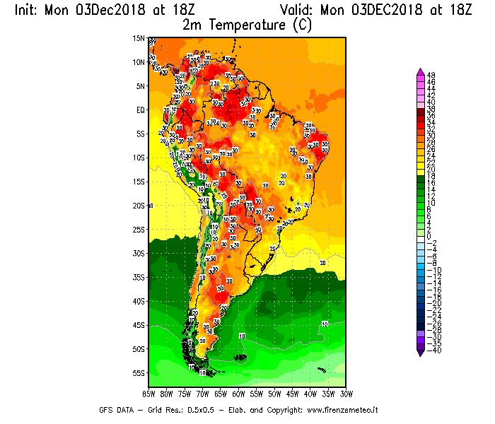 Mappa di analisi GFS - Temperatura a 2 metri dal suolo [°C] in Sud-America
							del 03/12/2018 18 <!--googleoff: index-->UTC<!--googleon: index-->