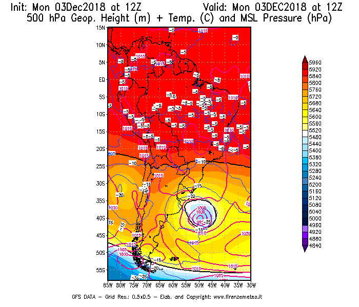 Mappa di analisi GFS - Geopotenziale [m] + Temp. [°C] a 500 hPa + Press. a livello del mare [hPa] in Sud-America
							del 03/12/2018 12 <!--googleoff: index-->UTC<!--googleon: index-->