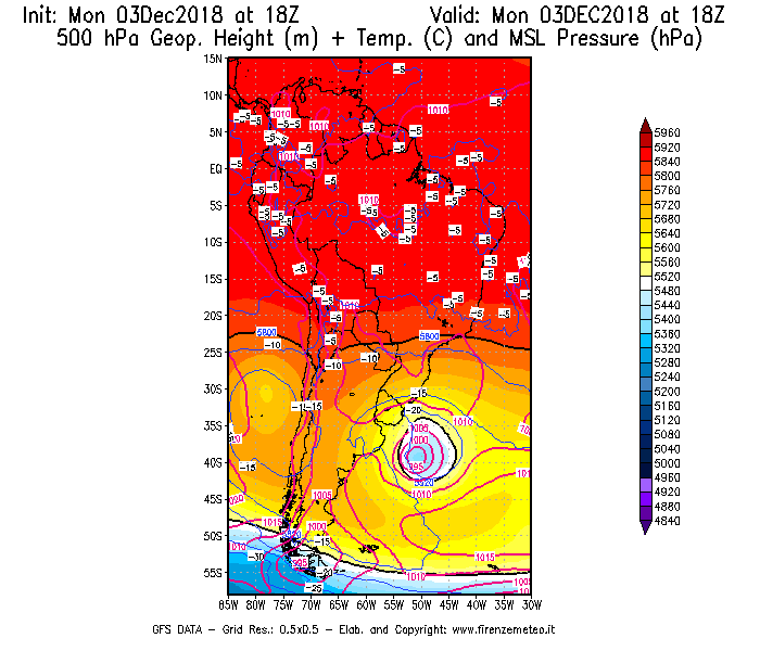 Mappa di analisi GFS - Geopotenziale [m] + Temp. [°C] a 500 hPa + Press. a livello del mare [hPa] in Sud-America
							del 03/12/2018 18 <!--googleoff: index-->UTC<!--googleon: index-->