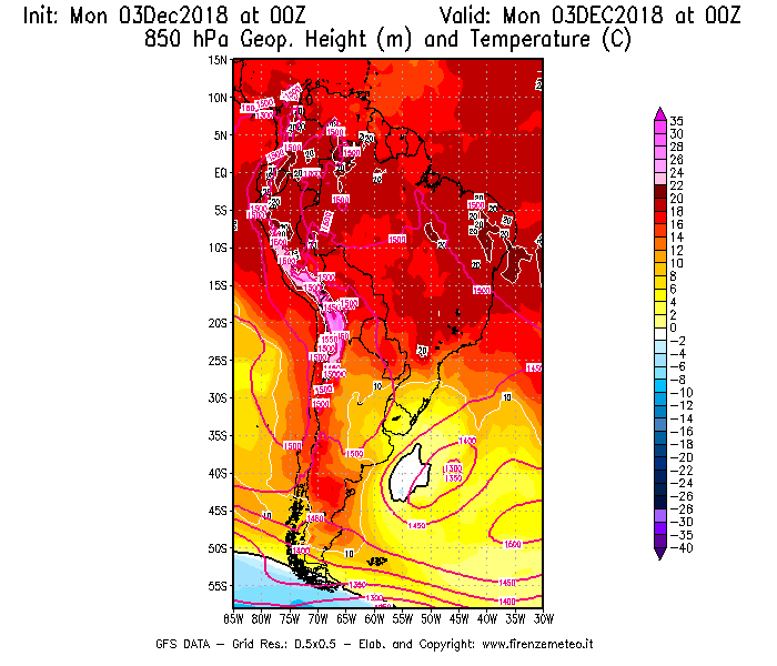 Mappa di analisi GFS - Geopotenziale [m] e Temperatura [°C] a 850 hPa in Sud-America
							del 03/12/2018 00 <!--googleoff: index-->UTC<!--googleon: index-->
