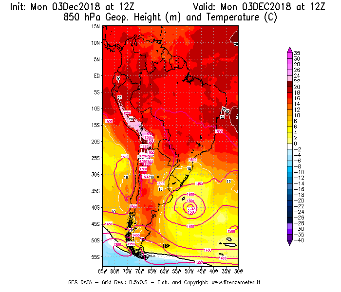 Mappa di analisi GFS - Geopotenziale [m] e Temperatura [°C] a 850 hPa in Sud-America
							del 03/12/2018 12 <!--googleoff: index-->UTC<!--googleon: index-->