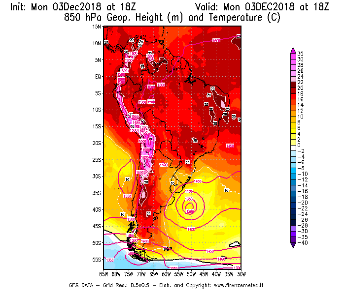 Mappa di analisi GFS - Geopotenziale [m] e Temperatura [°C] a 850 hPa in Sud-America
							del 03/12/2018 18 <!--googleoff: index-->UTC<!--googleon: index-->