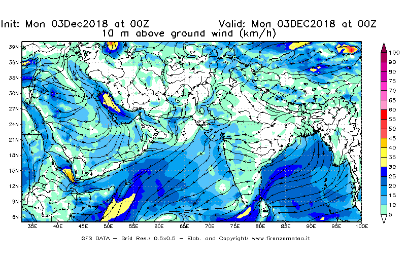 Mappa di analisi GFS - Velocità del vento a 10 metri dal suolo [km/h] in Asia Sud-Occidentale
							del 03/12/2018 00 <!--googleoff: index-->UTC<!--googleon: index-->