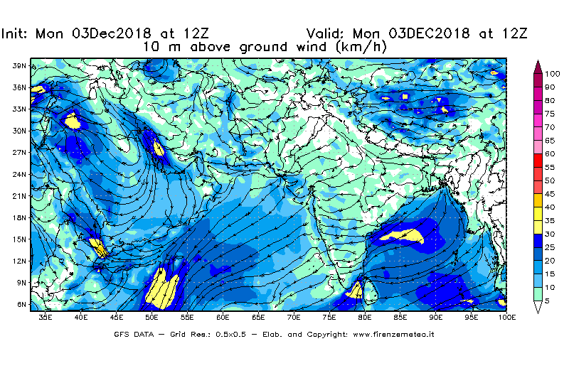 Mappa di analisi GFS - Velocità del vento a 10 metri dal suolo [km/h] in Asia Sud-Occidentale
							del 03/12/2018 12 <!--googleoff: index-->UTC<!--googleon: index-->