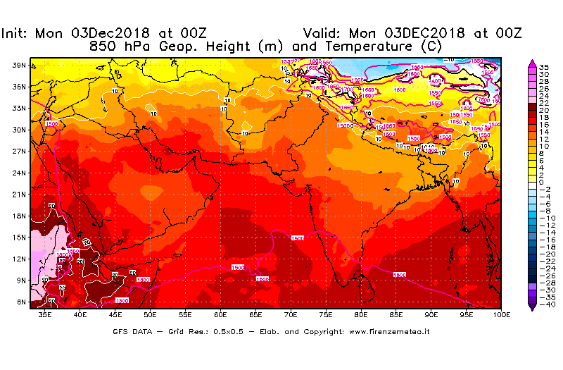 Mappa di analisi GFS - Geopotenziale [m] e Temperatura [°C] a 850 hPa in Asia Sud-Occidentale
							del 03/12/2018 00 <!--googleoff: index-->UTC<!--googleon: index-->