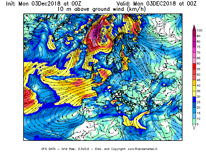 Mappa di analisi GFS - Velocità del vento a 10 metri dal suolo [km/h] in Europa
							del 03/12/2018 00 <!--googleoff: index-->UTC<!--googleon: index-->