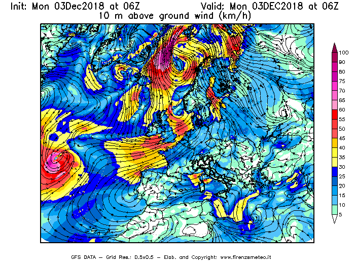 Mappa di analisi GFS - Velocità del vento a 10 metri dal suolo [km/h] in Europa
							del 03/12/2018 06 <!--googleoff: index-->UTC<!--googleon: index-->
