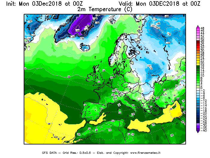 Mappa di analisi GFS - Temperatura a 2 metri dal suolo [°C] in Europa
							del 03/12/2018 00 <!--googleoff: index-->UTC<!--googleon: index-->