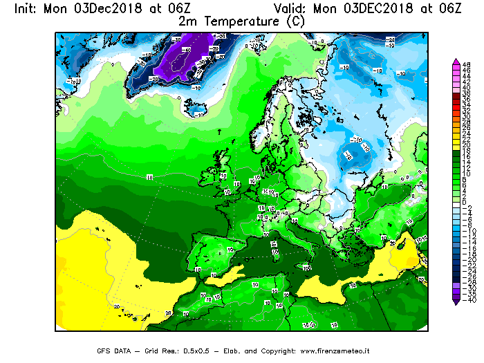 Mappa di analisi GFS - Temperatura a 2 metri dal suolo [°C] in Europa
							del 03/12/2018 06 <!--googleoff: index-->UTC<!--googleon: index-->